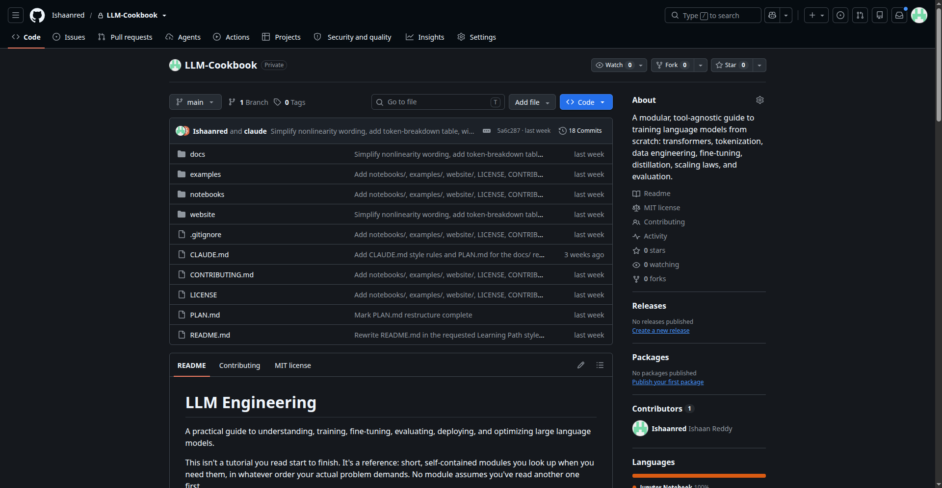 LLM Cookbook GitHub repository showing its documentation, examples, notebooks, and README