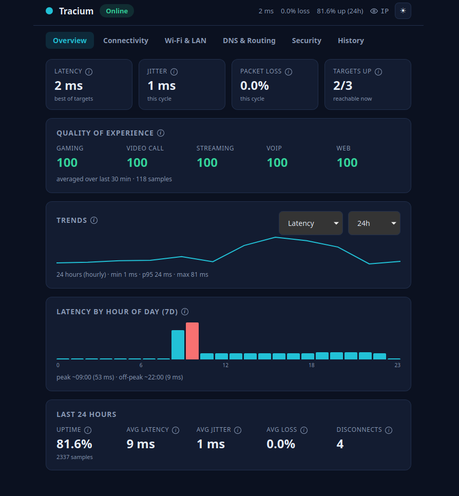 Tracium desktop app showing a summary bar, tabs, and connectivity statistics